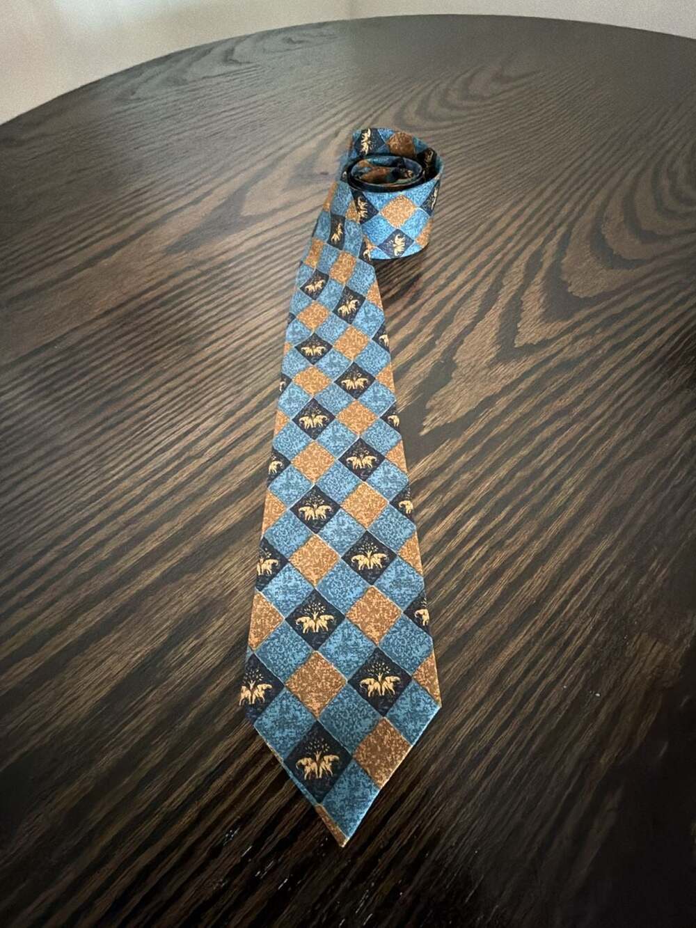 Thai Silk 100% Hand Work Tie Blue Brown Diamond Pattern